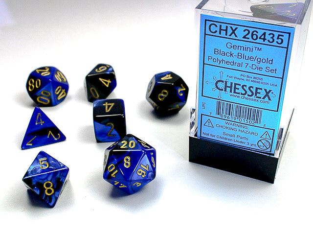 Chessex  7 Pc  Gemini - Black-Blue/gold