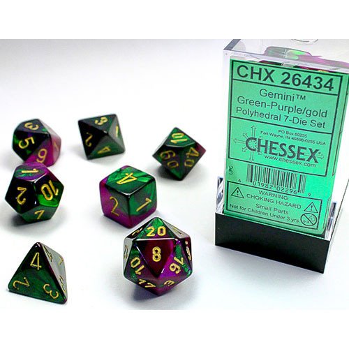 Chessex Gemini 7 Pc  Green-Purple/gold