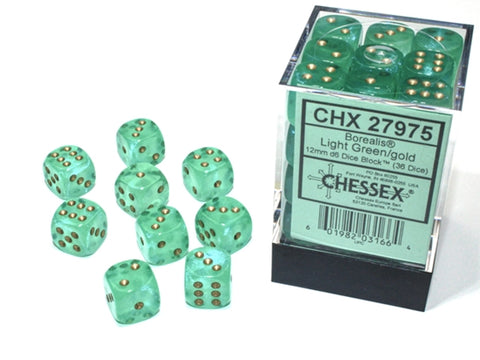 Chessex 36D6 Borealis  Light Green/gold