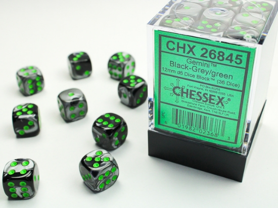 Chessex 36D6 Dice Black-Grey/Green